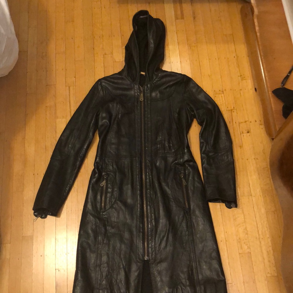 Doma Black Leather Coat Medium Wool Lined